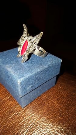 coral butterfly silver ring adjustable