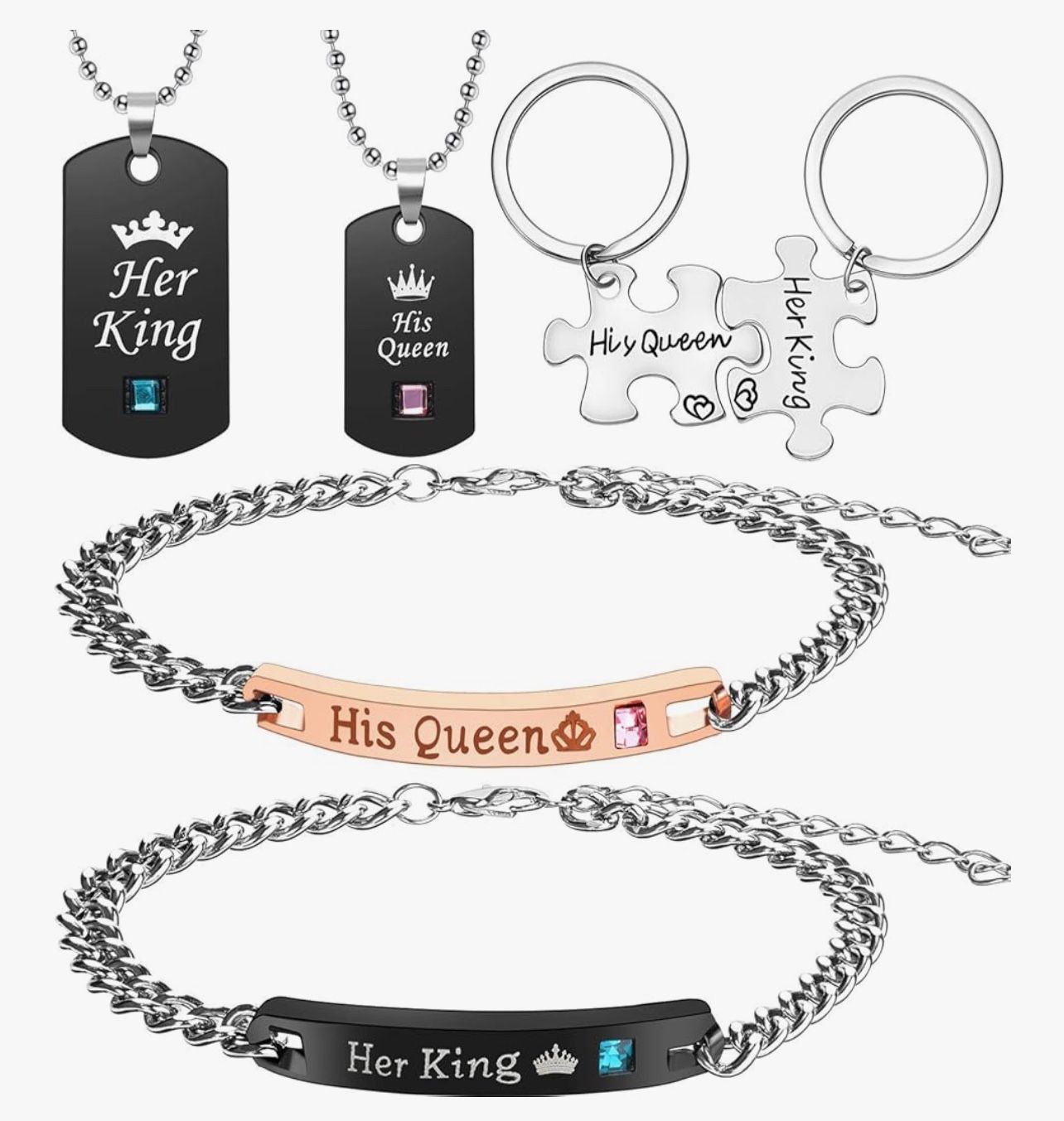6 Piece Her King His Queen Necklace Bracelet Couple Necklace Bracelet Keychain Set