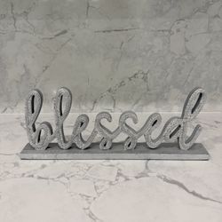 Glam “Blessed” Rhinestone Decorative Sign – Silver Tabletop Decor