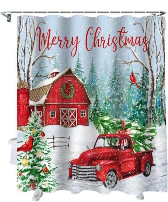 Merry Christmas Farmhouse Shower Curtains Set with Hooks