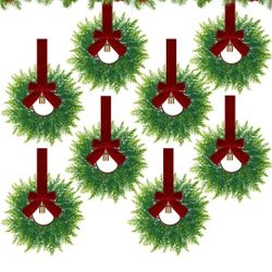 Dingion 8 Pcs 9.8" Small Christmas Cabinets Wreaths Mini Wreaths for Kitchen Window Chair Backs with Ribbon Bell Artificial Greenery for Farmhouse Hol