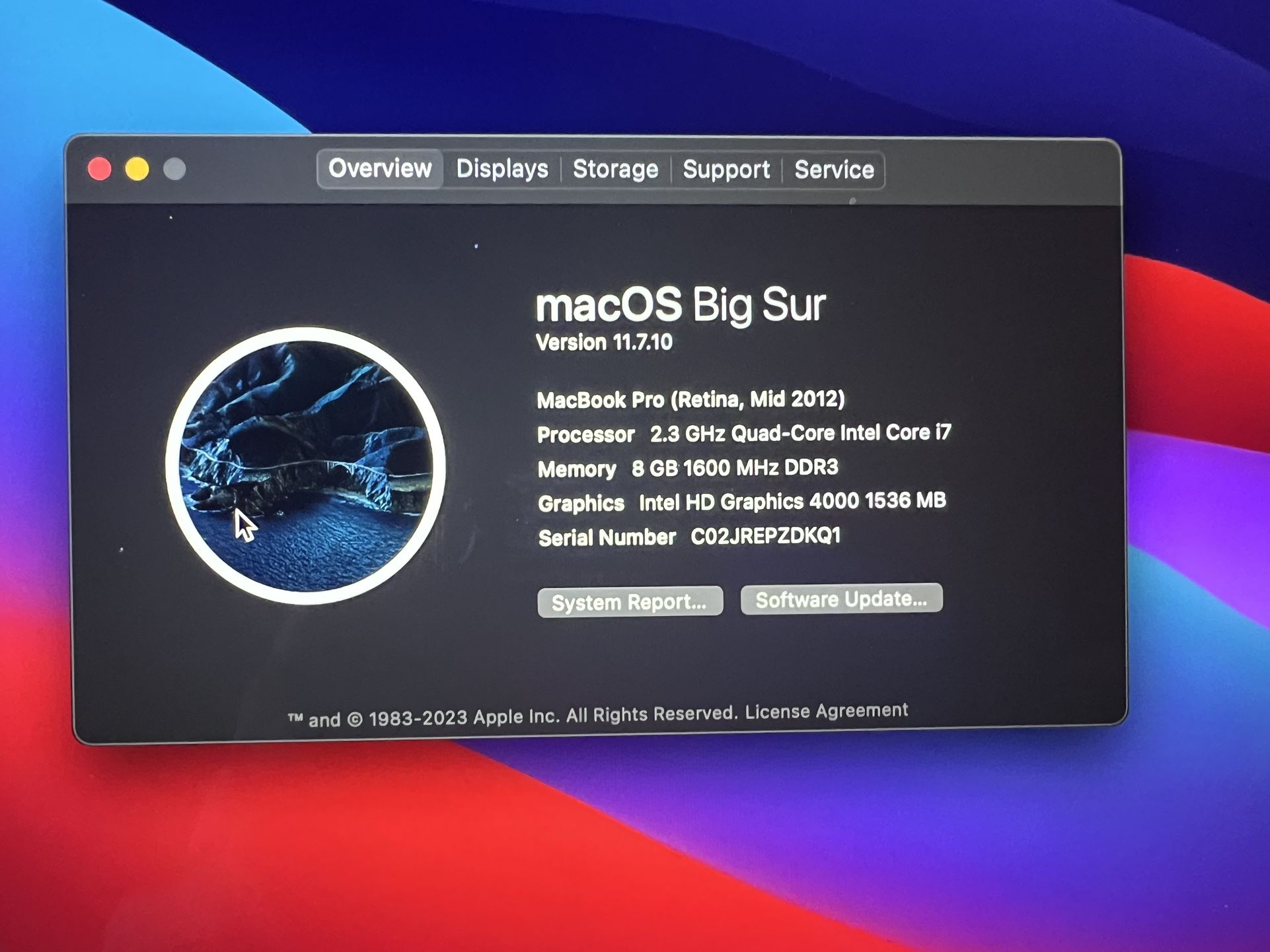 macbook pro 2012 15” A1398 EMC 2512 i7 2GHz 8/256GB dual GPU, new battery