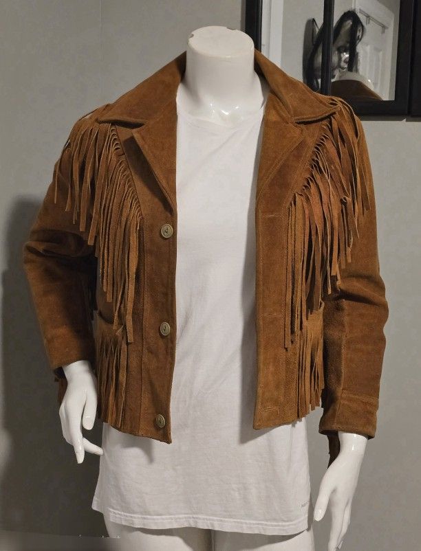 1960s Monte-Rey Leather Brown Suede Fringe Western Jacket Cropped Vtg Size 32