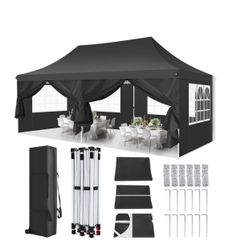 10x20 Pop Up Canopy with 6 Sidewalls and Windows, Ez Up Outdoor Instant Canopy Tent for Parties, Adjustable Waterproof Canopy with 6 Sand Bags, 8 Stak