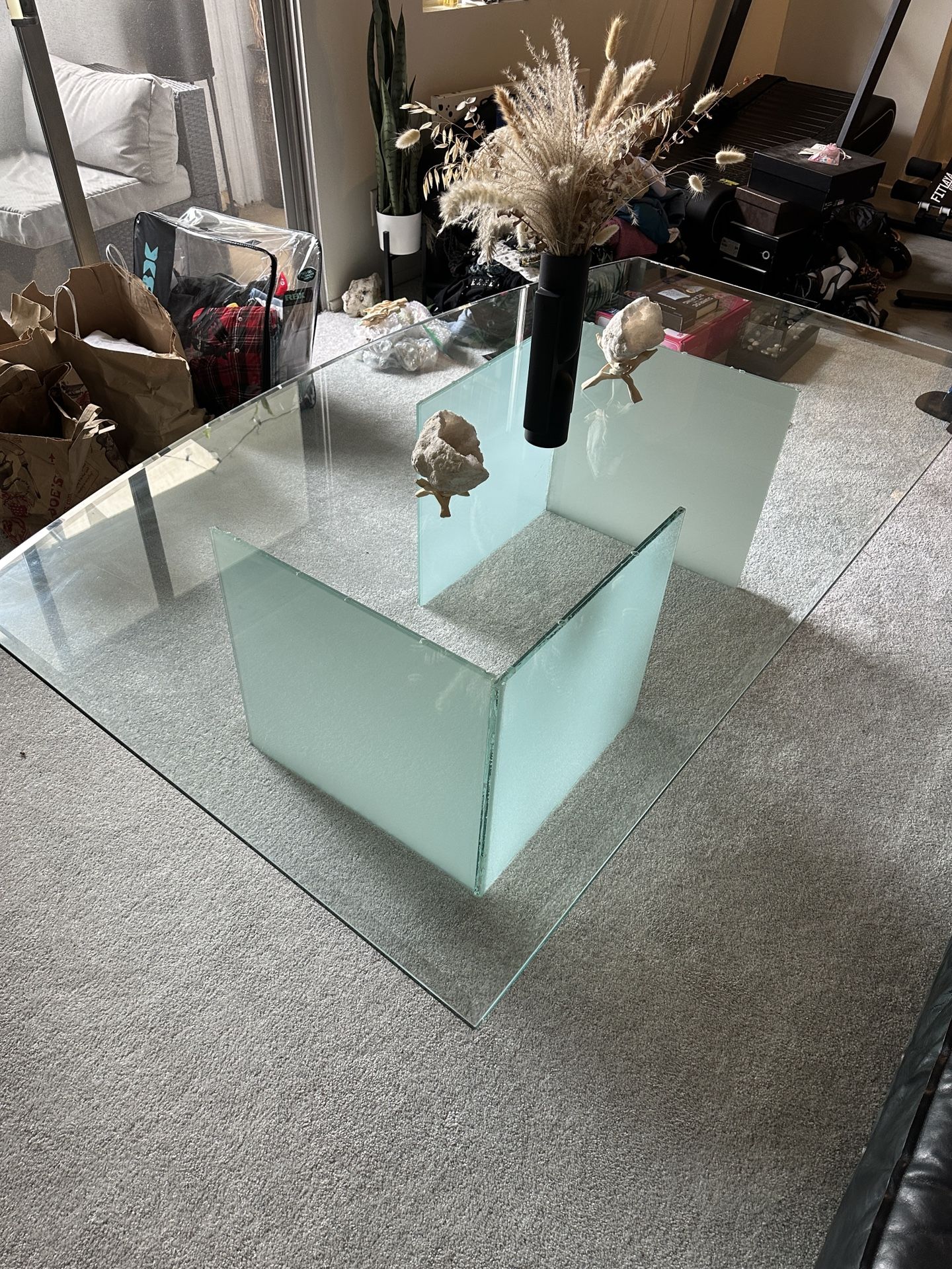 6 foot wide unique glass coffee table