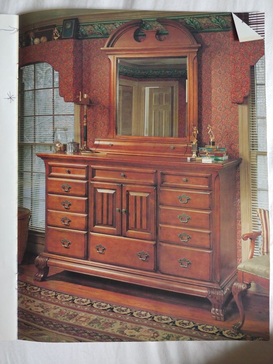 Maplewood Dresser  With Pediment Mirror, Lafayette Style Carved Wood Dresser