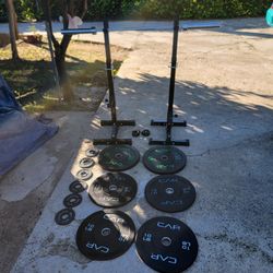 New Max Load 550 Lb Pair Of Adjustable Barbell Stand & New Cap Olympic Barbell 5 Feet & Weight Plate