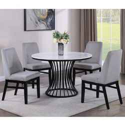 5 Piece Dining Set Standard Height Faux Marble Table Top Black Metal Base Grey Corduroy Chairs Brand New In Box Firm Price $450
