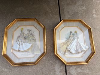 Vintage 3D Petit Courrier des Dames Fashion Plate Shadowbox Pair Octagon