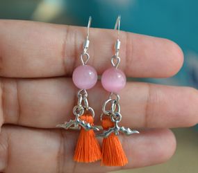 Handmade Pink cat eye Orange Tassel Silver Plated Bat Halloween Dangle Earring