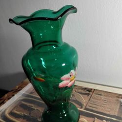 MID CENTURY - VINTAGE HAND PAINTED GLASS VASE7.5"×3.5"