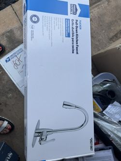 Project Source Tucker Pull-Down Kitchen Faucet with a chrome finish.