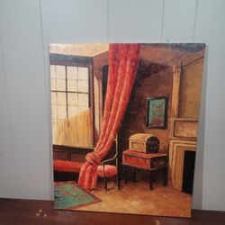Vintage Signed Marrison Oil on Canvas Parlor Interior - Warmly Lit Victorian Room with Red Drapes, Wing Chair & Brass Chest, Mid-20th Century