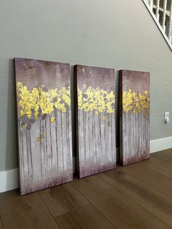 BRAND NEW 45x36- 3 Piece Art Textured Triptych- Blush Pink/Gold Foil Twilight Forest Canvas Wall Art