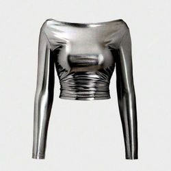 MEDIUM Silver Off-Shoulder T-Shirt Y2K Fall For Women