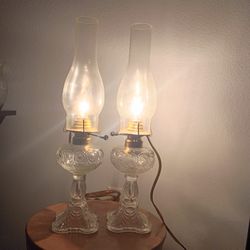Pair Of Hand Made In Mexico Glass Hurricane Lamps