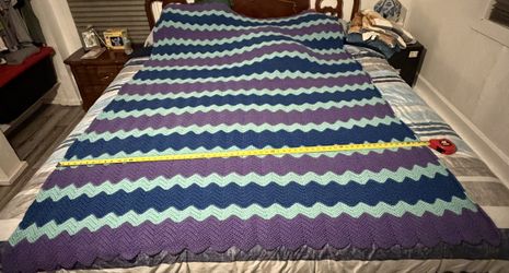 Handmade Crochet Chevron Afghan Throw 63x75 Purple Navy Mint - OBO