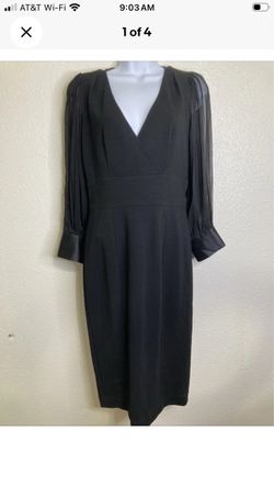 DIANE VON FURSTENBERG  Black Midi Cocktail Dress Size 4 Long Sheer Silk Sleeves