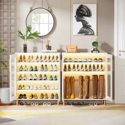 Modern Shoe Cabinet, 4-Tier Shoe Organizer with LED Light & Acrylic Doors