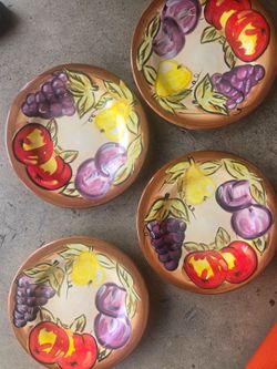 Tabletops Unlimited   WATERCOLOR FRUITS (BROWN)  Dinner Plates SET of 4