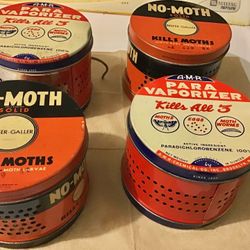 4 Vintage Moth Killer Metal Lidded Cans Advertising Collectible 1940s