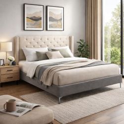 King Wood Platform Bed Frame No Box Spring Needed with Upholstered Headboard