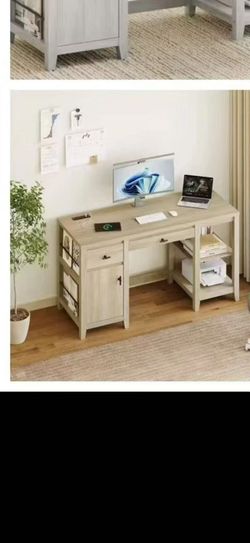 A computer desk with a pull-out keyboard tray and drawers, in natural wood color, measuring 58 inches wide × 22 inches deep × 29.5 inches high