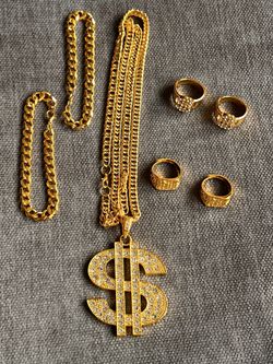 Hip hop chain necklace pendant and dollar sign rings for men.