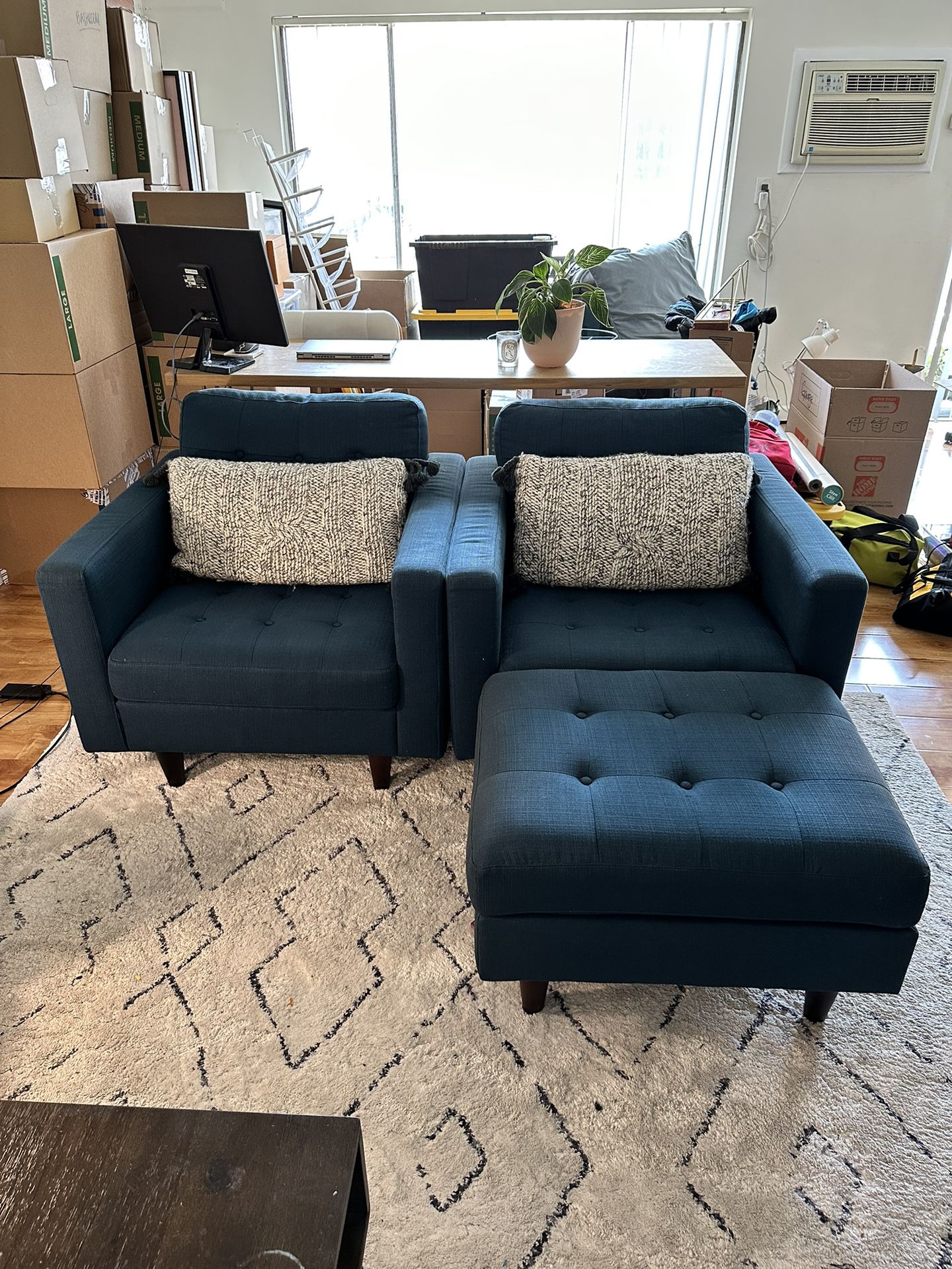 2 Blue Accent Chairs And Ottoman 
