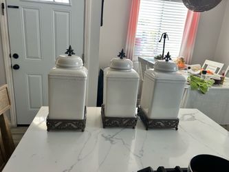Tall Cream Ceramic Canister with Acanthus Leaf Adorned Metal Base