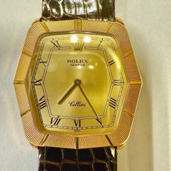 ROLEX CELLINI HEXAGON HEAVY 18K GOLD VINTAGE CROCODILE BAND BOX PAPERS