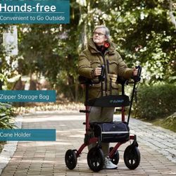 2025 ELENKER All-Terrain Upright Walker, Stand up Rolling Walker with Seat RED
