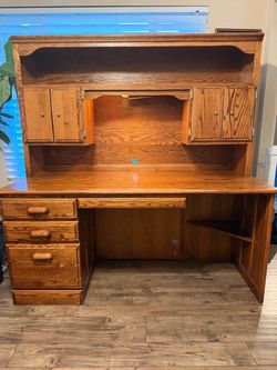 Oak Wood Desk with Hutch and Filing Cabinet