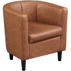 Accent Chair, PU Leather, Modern and Comfortable Armchairs, Upholstered Barrel Sofa Chair for Living Room Bedroom Waiting Room, Brown