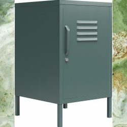 Metal Locker Style End Table with Lockable Door and Two Shelves in Dark Green, New.