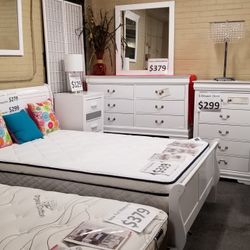 Brand New White Queen Bedframe + Dresser + Mirror + Nightstand 4PCs Set