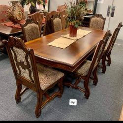 New/ Brown Formal Extendable Dining Room Set-Table And Chairs,  Comedor 