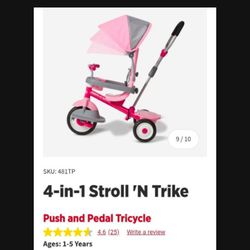 Radio Flyer Tricycle 4-in-1 Stroll 'N Trike Push And Pedal Tricycle