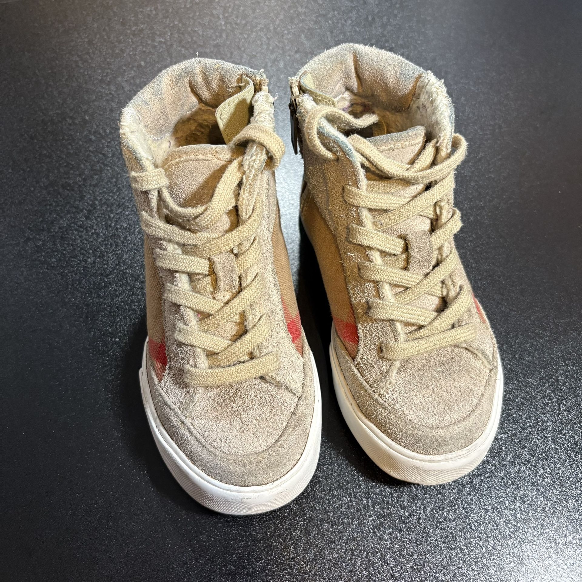 Burberry Kids Fashion High Top Sneakers Plaid Suede Side Zip Size 26 Unisex tan
