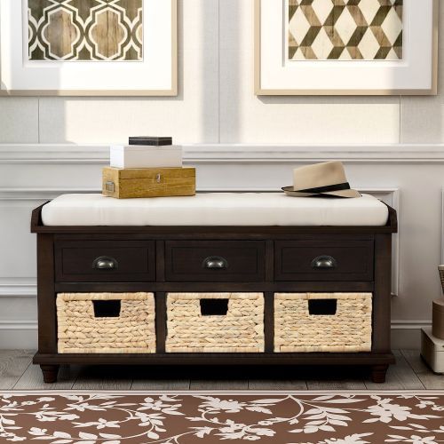 Rustic Storage Bench With 3 Drawers And 3 Rattan Baskets