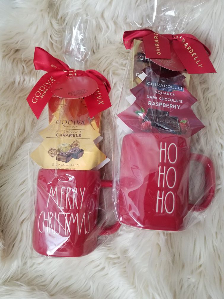 New Rae Dunn RED Mugs: Merry Christmas with Godiva and Ho Ho Ho with Ghirardelli Chocolate. FIRM