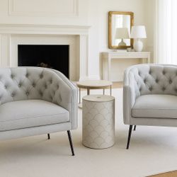 New Set of 2 Modern Tufted Barrel Accent Chair – Upholstered Armchair with Button Detailing, Linen Fabric, Padded Seat, and Metal Legs – Stylish Singl