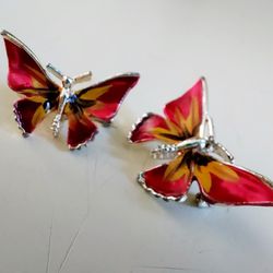 Set of 2 - 1.25" & 1" Butterfly Gold and Red Toned Enamel Brooch Lapel Pins. New old stock. Makes a great holiday Christmas gift or stocking stuffer. 