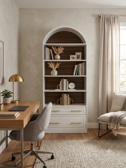 77" Tall Arched Bookcase, 5-Tier Freestanding Wooden Bookshelf with File Cabinet Drawer, White