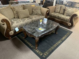 Sofa & Loveseat Set Carved Wood Plush Comfort $10 Down