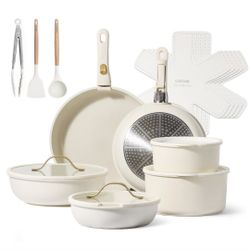 Carote 20 Pcs Nonstick Cookware Sets, Pots and Pans Set with Detachable Handle, White and Gold