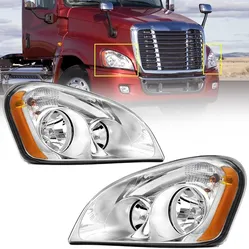 Headlights Assembly Compatible with 2008-2016 Freightliner Cascadia, Halogen Headlamps Assembly, Chrome Housing Clear Lens (Pair)