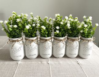 Chalk Painted & Distressed Mason Jar Vases w/faux Flowers Included 6 for $32