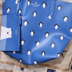 KATE SPADE ARCTIC FRIENDS PENGUIN LARGE TOTE Purse and WRISTLET Blue K4755 NWT