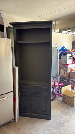 Dark Green Wood Bookcase with Cabinet and Drawer